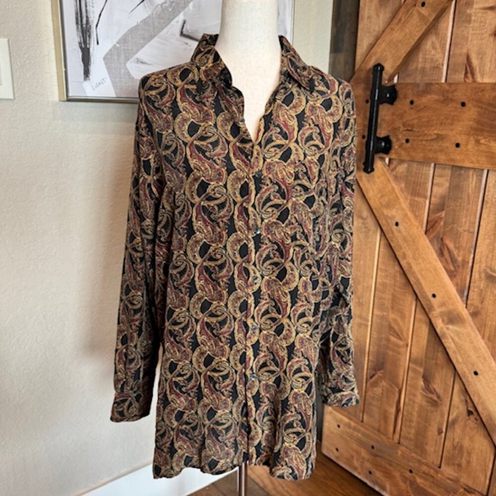 Silk Assets 100% Silk Paisley Button Down Blouse Shirt Top Women’s Large